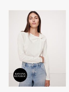 Banana Republic White/Cream Silky Long Sleeve Top with Knotted Shoulder Detail